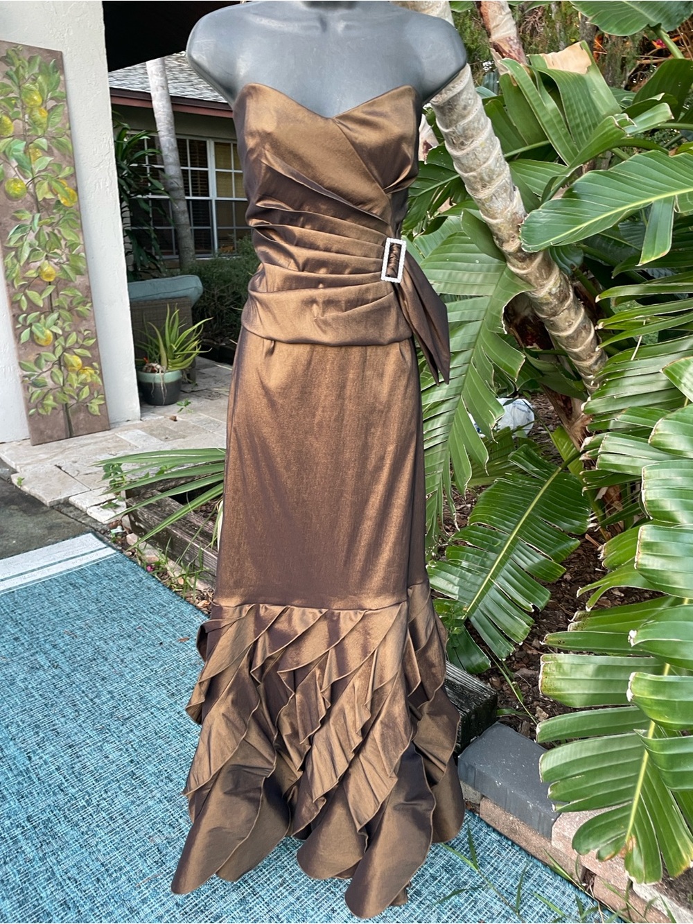Goldie bronze Strapless corset Maxi skirt set with Draped Shawl